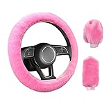 3 Pièces Couverture de Volant de Voiture Anti-Dérapant Élastique Housse de Volant Universelle de Voiture en Peluche Rose avec Housse Frein à Main et Boîte Vitesses (36-38cm)