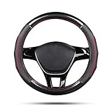 Ergocar Couvre Volant de Voiture Fibre de Carbone & Peau de Vache de Première Couche Sport Volant Protecteur Antidérapant pour Diamètre 38cm(15 ') (Noir Rouge)