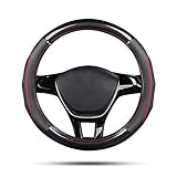 Ergocar Couvre Volant de Voiture Fibre de Carbone & Peau de Vache de Première Couche Sport Volant Protecteur Antidérapant pour Diamètre 38cm(15') (Noir Rouge)